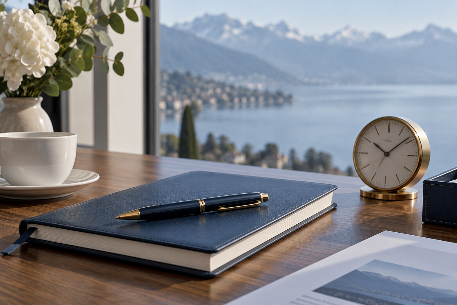 Cuaderno de planificación y reloj de escritorio
