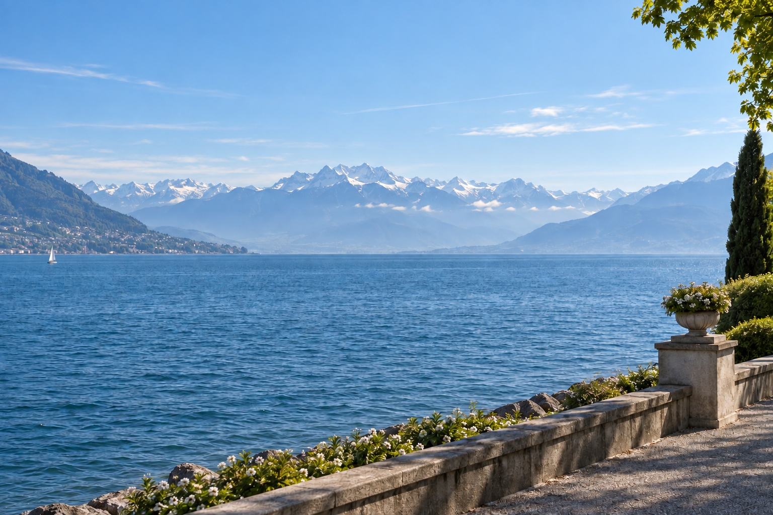 Paysage illustratif du Léman, montagnes et promenade fleurie